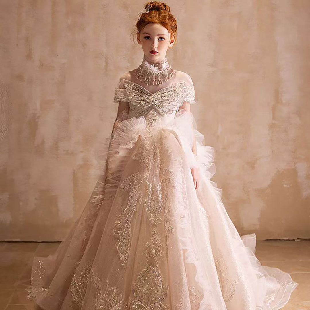 Elegant Flower Girl Dress with Floral Appliques for Birthday Pageant J031