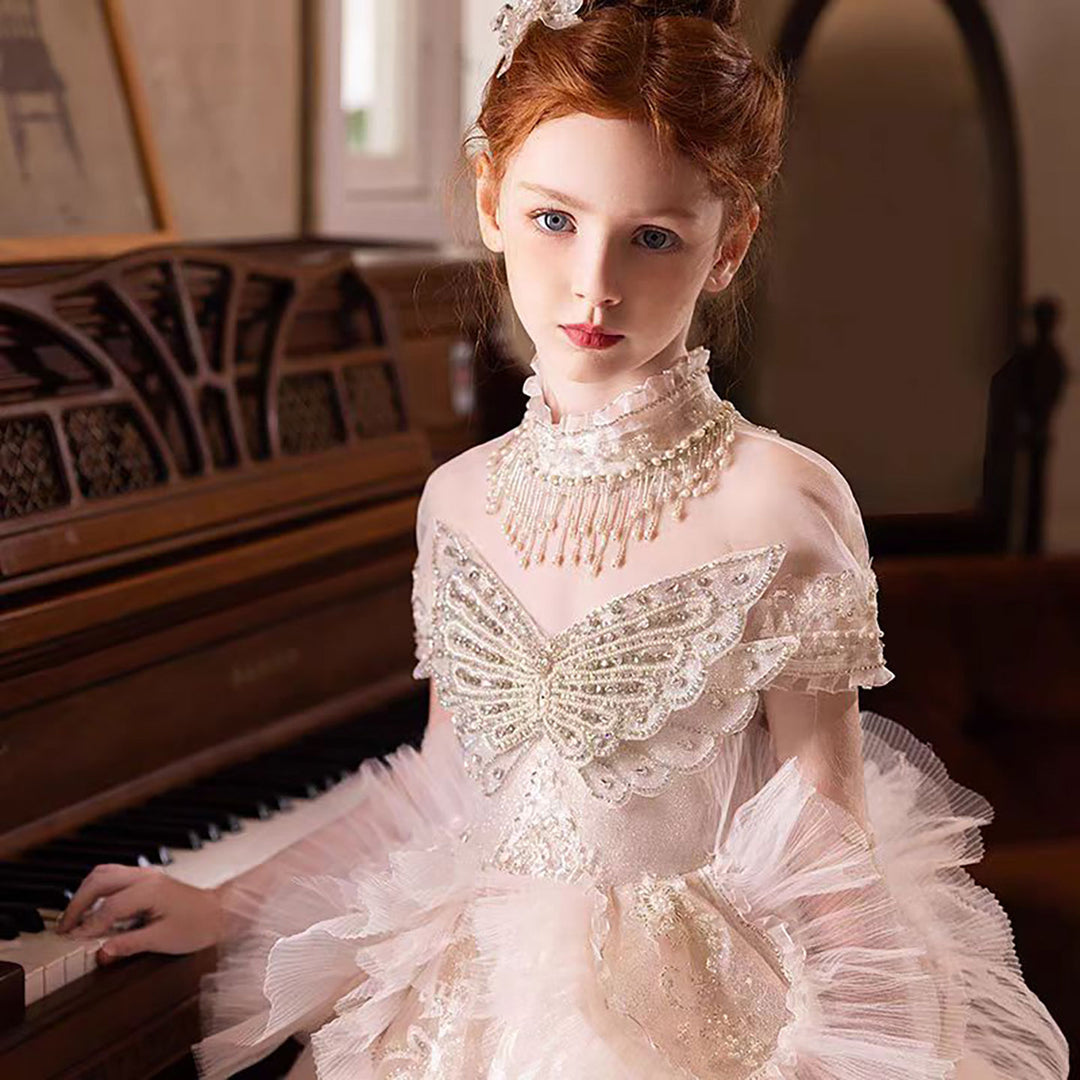 Elegant Flower Girl Dress with Floral Appliques for Birthday Pageant J031