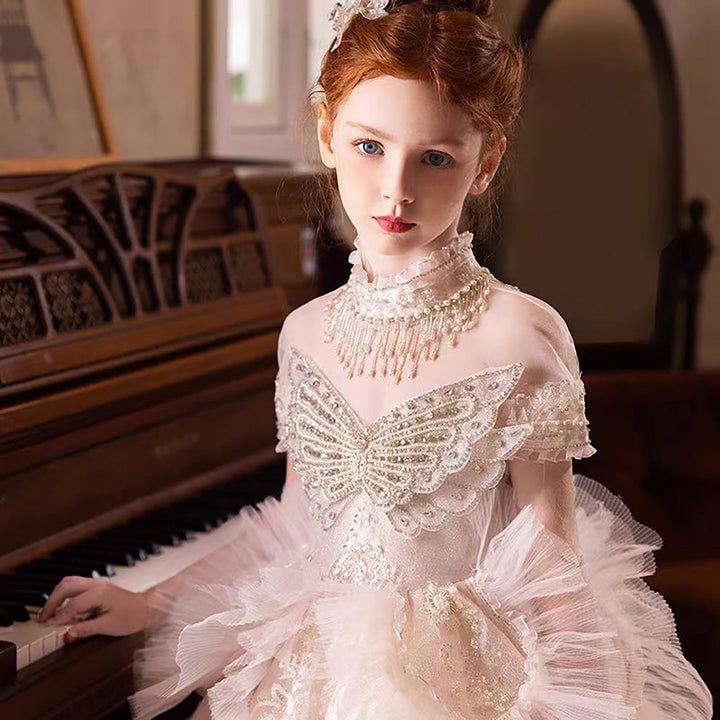 Elegant Flower Girl Dress with Floral Appliques for Birthday Pageant J031