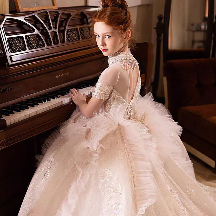 Elegant Flower Girl Dress with Floral Appliques for Birthday Pageant J031