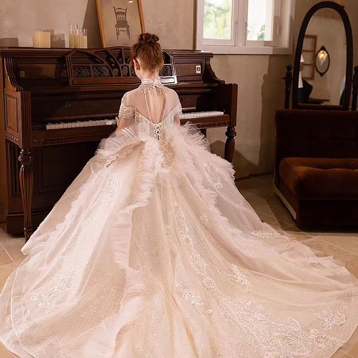 Elegant Flower Girl Dress with Floral Appliques for Birthday Pageant J031