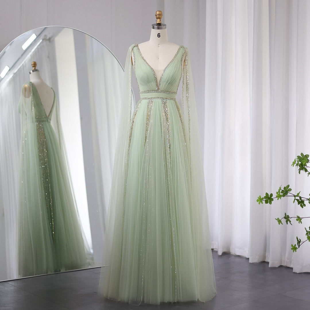 Luxury Dubai Silver Grey Evening Dresses with Cape Sleeves Arabic Champagne Muslim Wedding Formal Party Gowns 068 DreamyVow Luxury Dubai Silver Grey Evening Dresses with Cape Sleeves Arabic Champagne Muslim Wedding Formal Party Gowns 068 DreamyVow