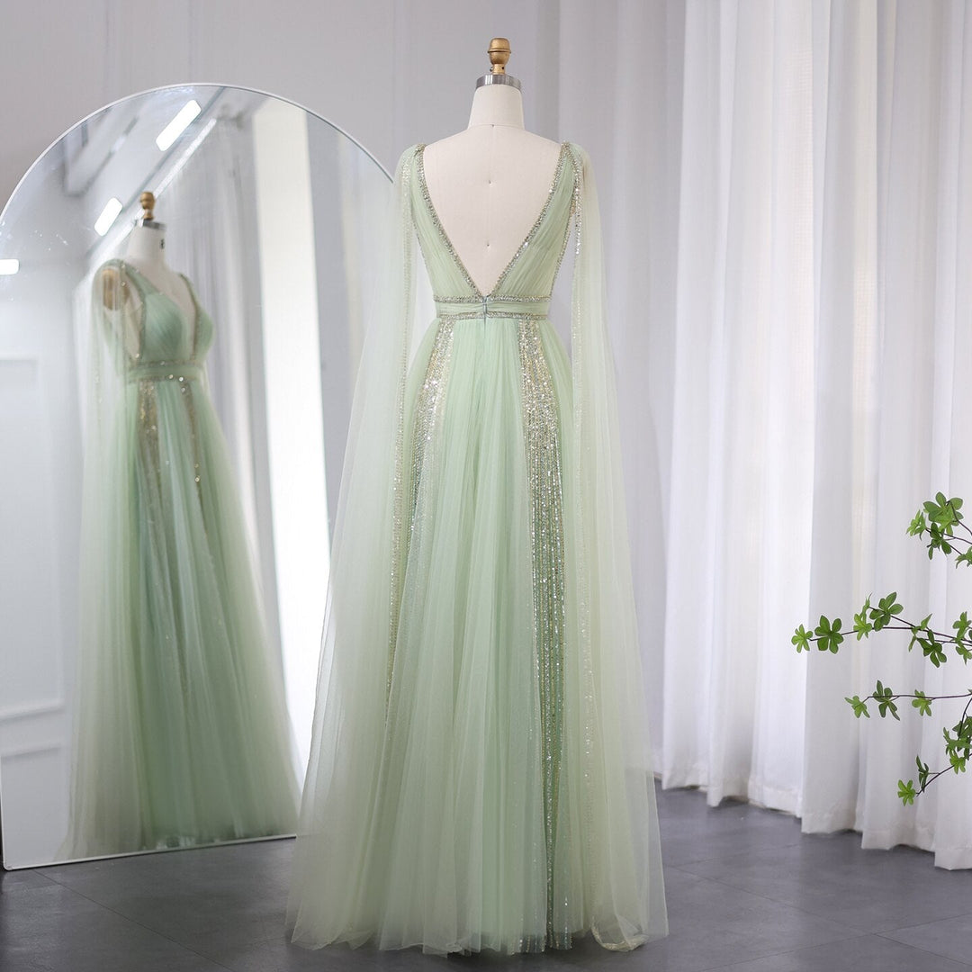 pink and green formal dress Luxury Dubai Silver Grey Evening Dresses with Cape Sleeves Arabic Champagne Muslim Wedding Formal Party Gowns 068 – DreamyVow