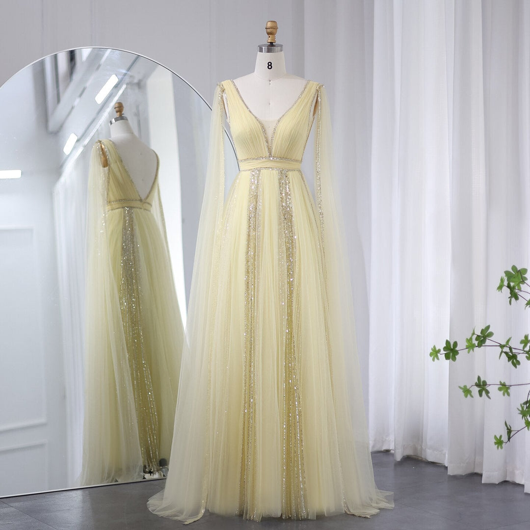 Luxury Dubai Silver Grey Evening Dresses with Cape Sleeves Arabic Champagne Muslim Wedding Formal Party Gowns 068 DreamyVow Luxury Dubai Silver Grey Evening Dresses with Cape Sleeves Arabic Champagne Muslim Wedding Formal Party Gowns 068 DreamyVow