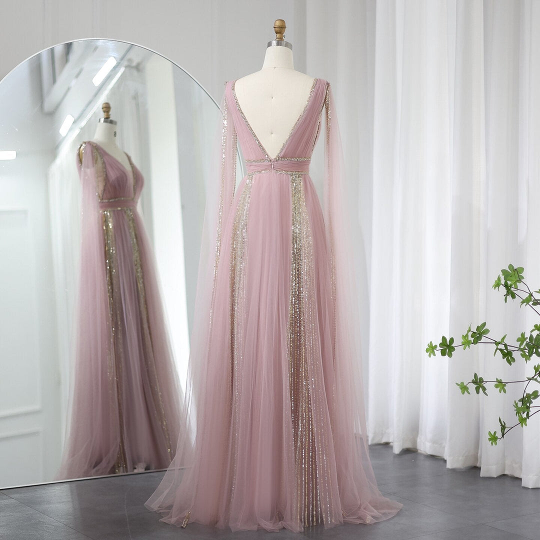 Luxury Dubai Silver Grey Evening Dresses with Cape Sleeves Arabic Champagne Muslim Wedding Formal Party Gowns 068 DreamyVow Luxury Dubai Silver Grey Evening Dresses with Cape Sleeves Arabic Champagne Muslim Wedding Formal Party Gowns 068 DreamyVow