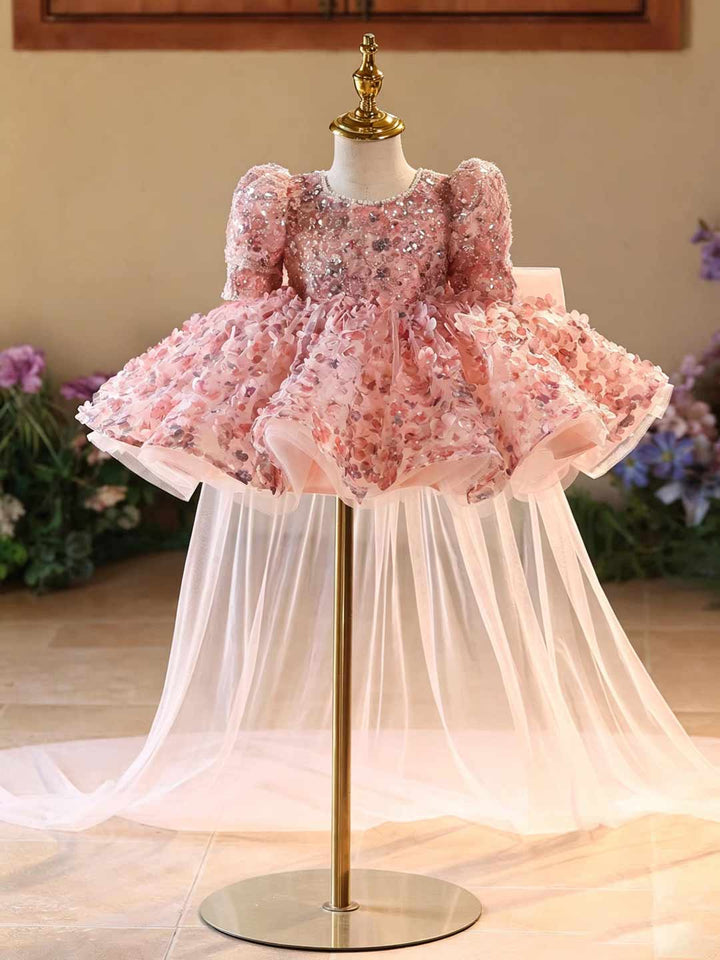 Pink 3D Floral Sequin Puff Sleeve Girls Pageant Dress with Tulle Train D602