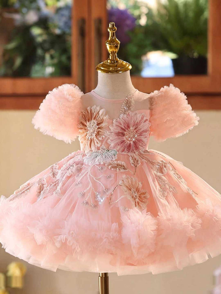 Pink 3D Floral Beaded Ruffle Sleeve Girls Formal Dress J523