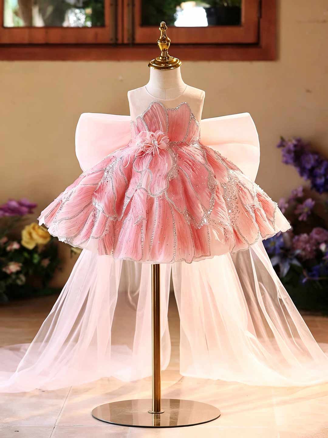 Pink Beaded Petal Ruffle Girls Princess Dress D022