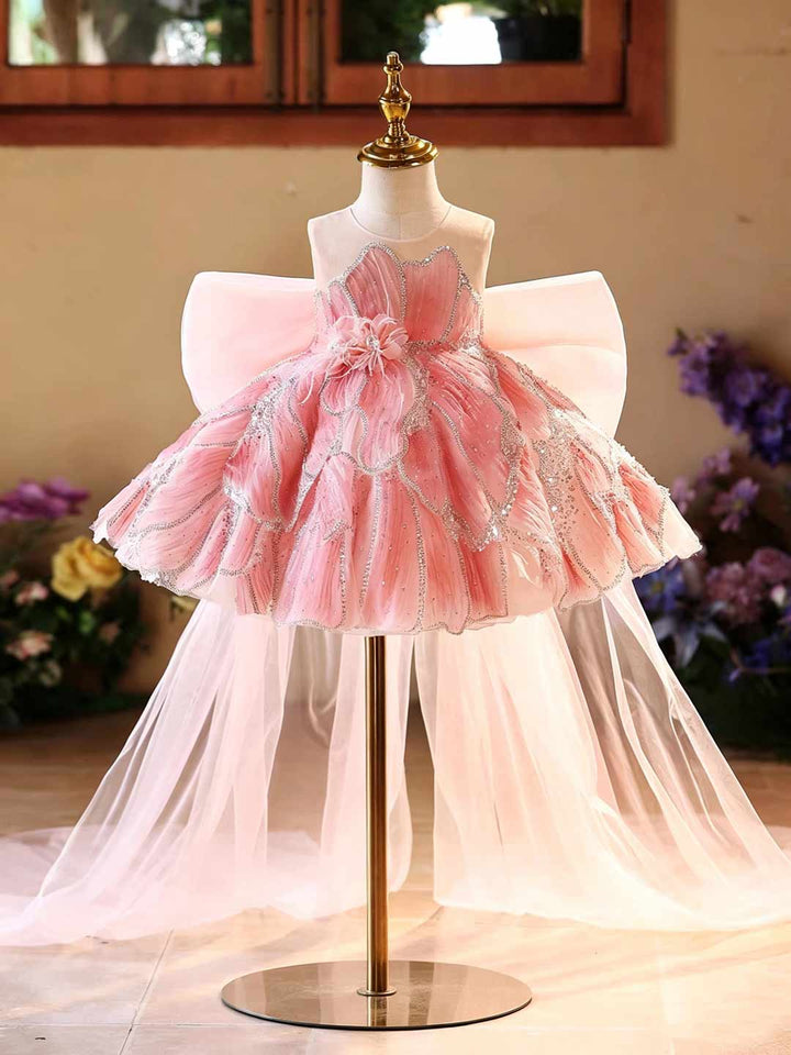 Pink Beaded Petal Ruffle Girls Princess Dress D022
