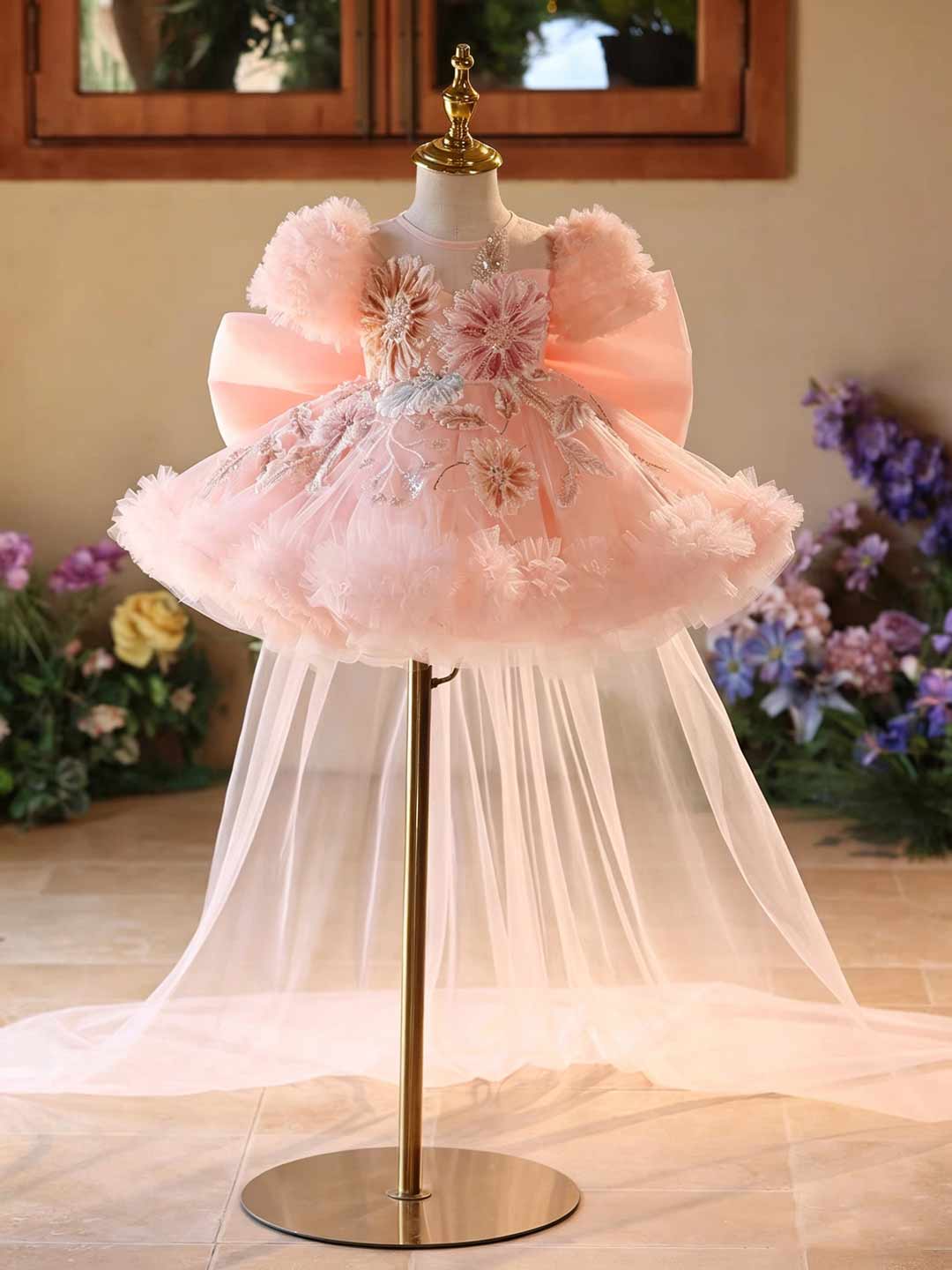 Pink 3D Floral Beaded Ruffle Sleeve Girls Formal Dress J523