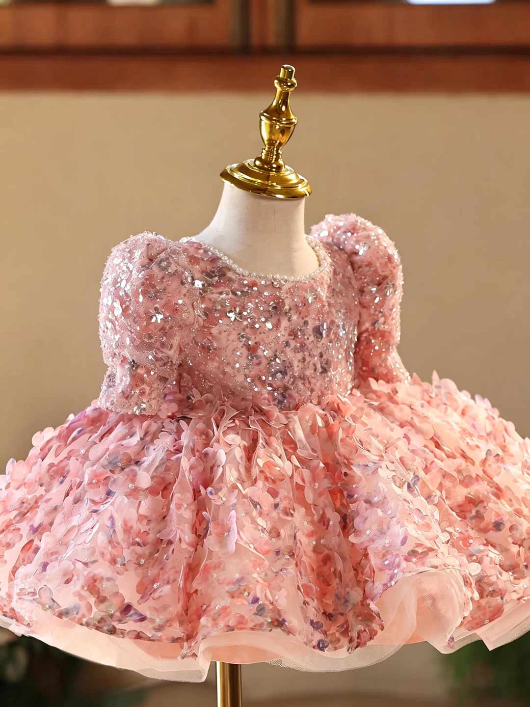 Pink 3D Floral Sequin Puff Sleeve Girls Pageant Dress with Tulle Train D602