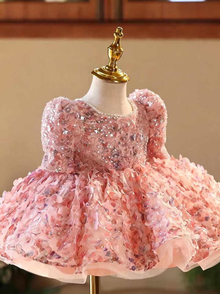 Pink 3D Floral Sequin Puff Sleeve Girls Pageant Dress with Tulle Train D602