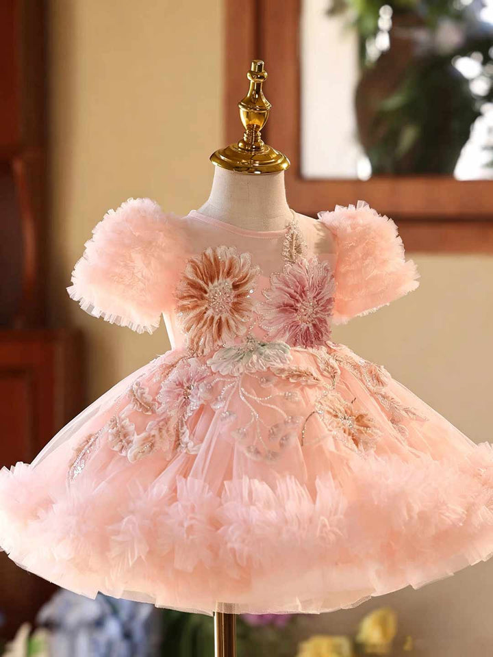 Pink 3D Floral Beaded Ruffle Sleeve Girls Formal Dress J523