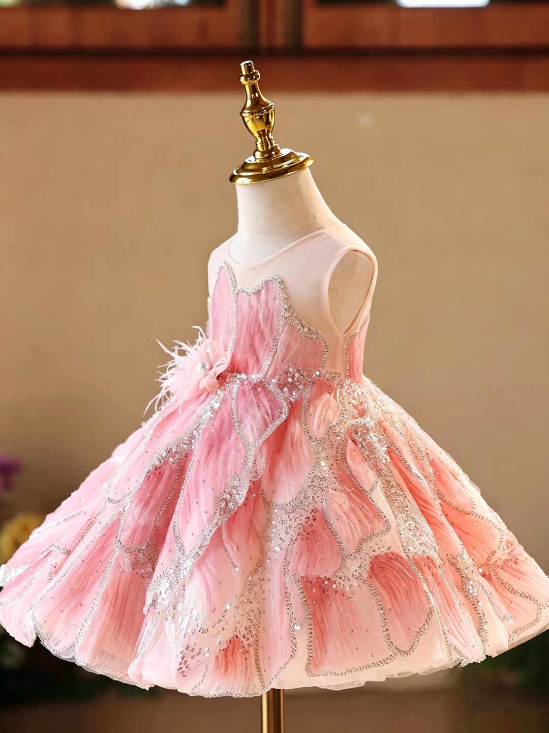 Pink Beaded Petal Ruffle Girls Princess Dress D022