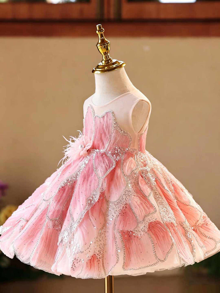 Pink Beaded Petal Ruffle Girls Princess Dress D022