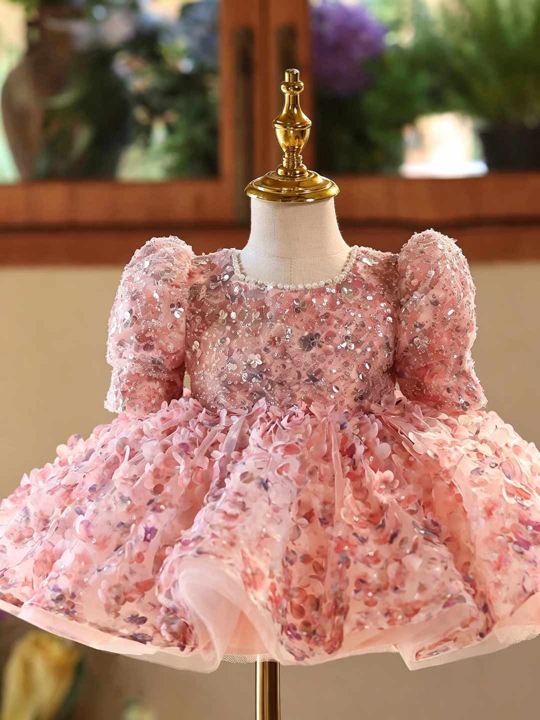 Pink 3D Floral Sequin Puff Sleeve Girls Pageant Dress with Tulle Train D602
