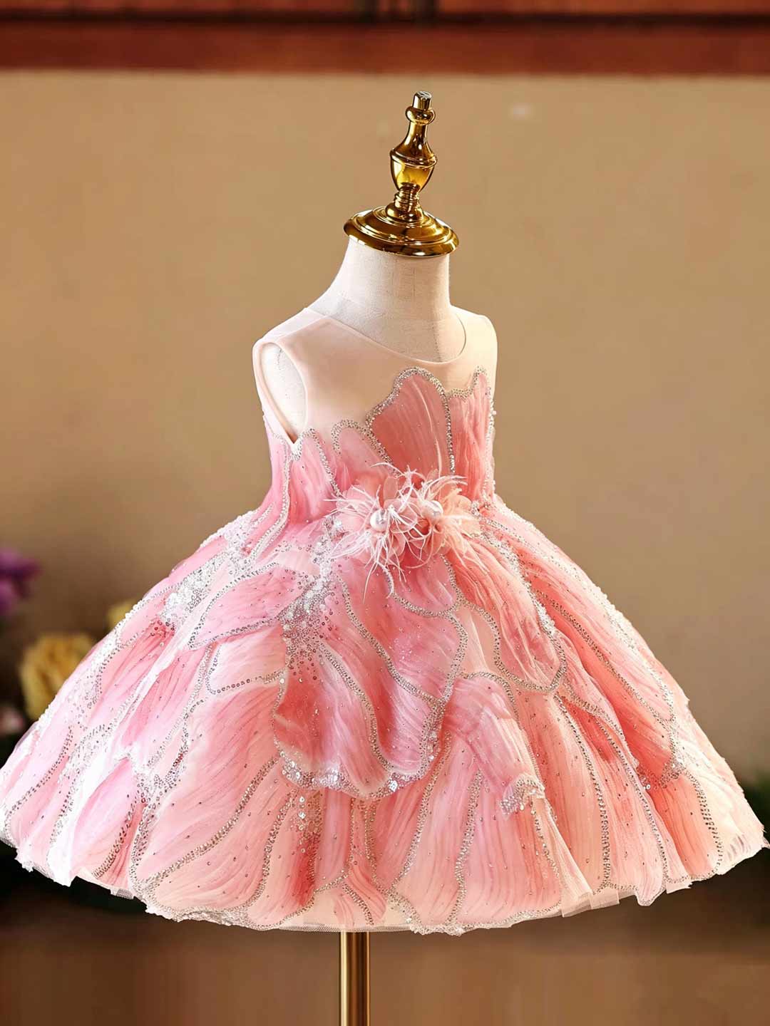 Pink Beaded Petal Ruffle Girls Princess Dress D022
