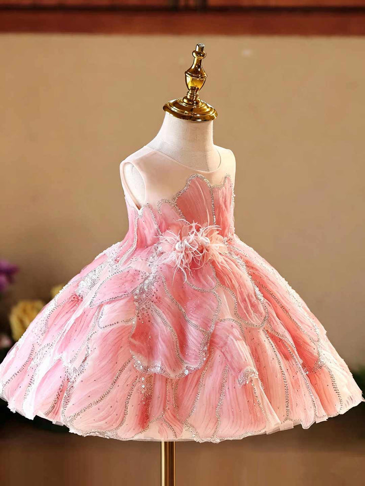Pink Beaded Petal Ruffle Girls Princess Dress D022
