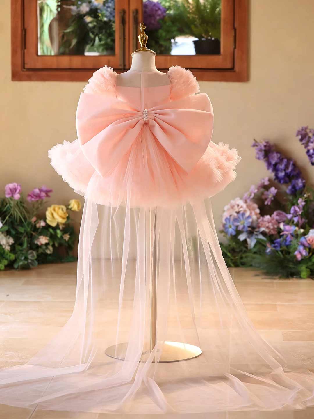 Pink 3D Floral Beaded Ruffle Sleeve Girls Formal Dress J523