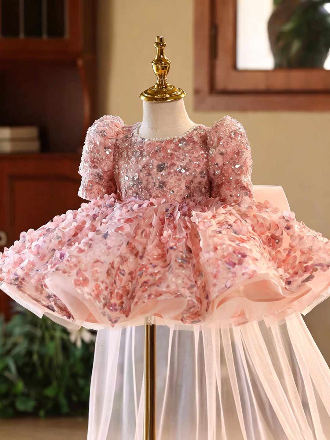 Pink 3D Floral Sequin Puff Sleeve Girls Pageant Dress with Tulle Train D602