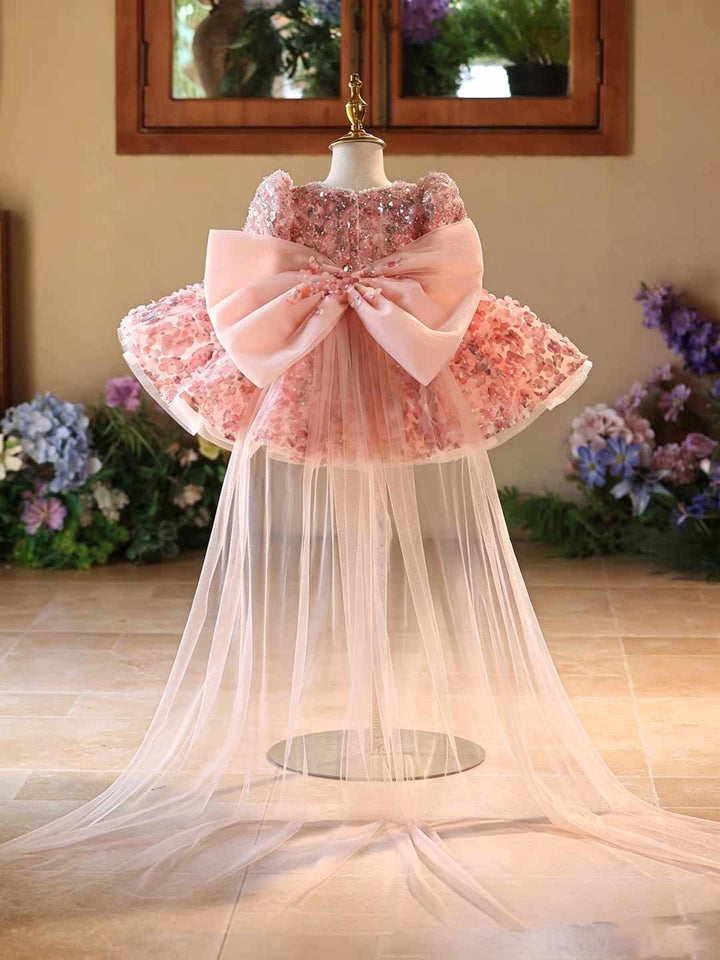 Pink 3D Floral Sequin Puff Sleeve Girls Pageant Dress with Tulle Train D602