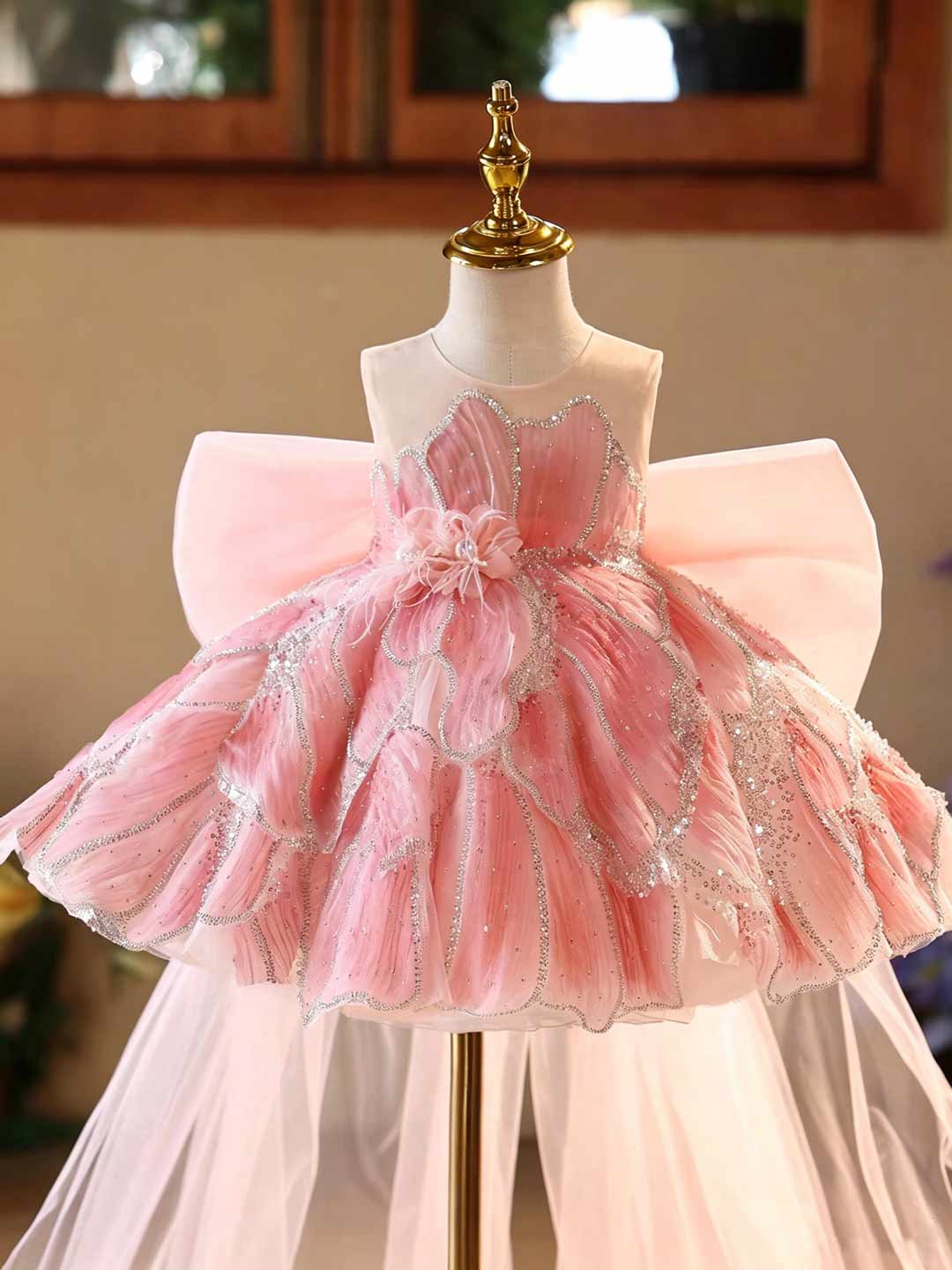 Pink Beaded Petal Ruffle Girls Princess Dress D022