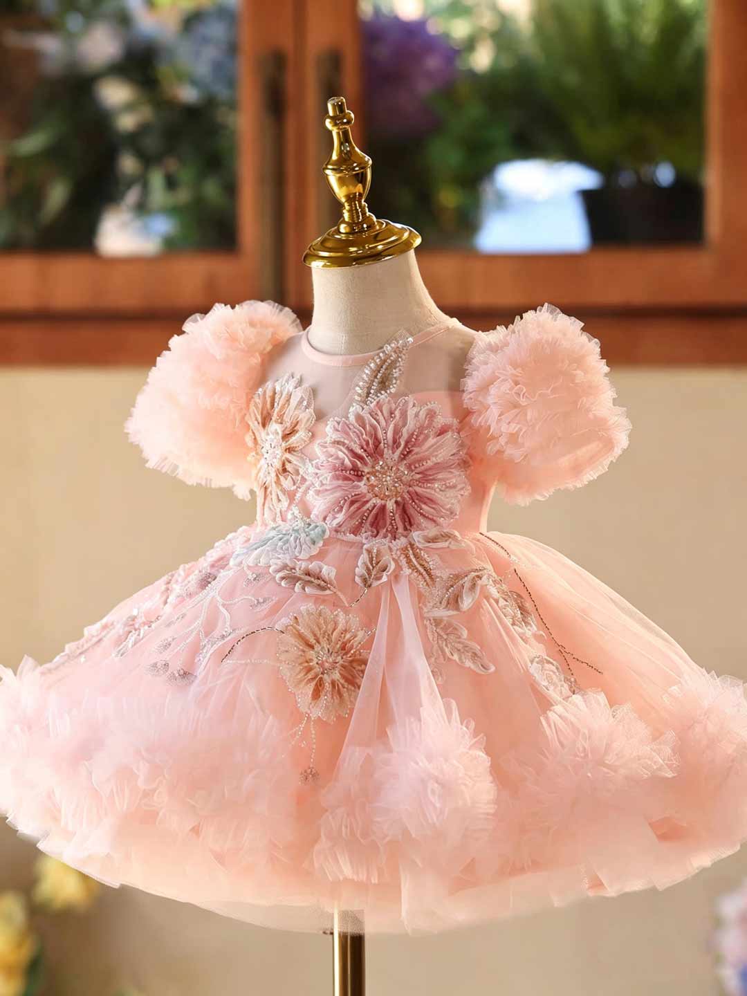 Pink 3D Floral Beaded Ruffle Sleeve Girls Formal Dress J523