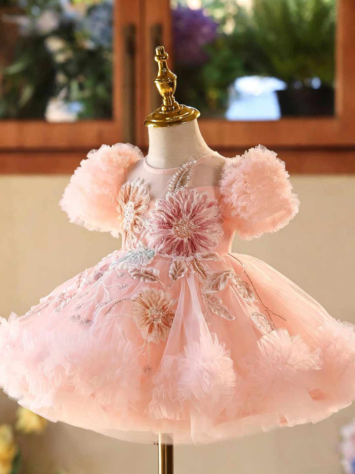 Pink 3D Floral Beaded Ruffle Sleeve Girls Formal Dress J523