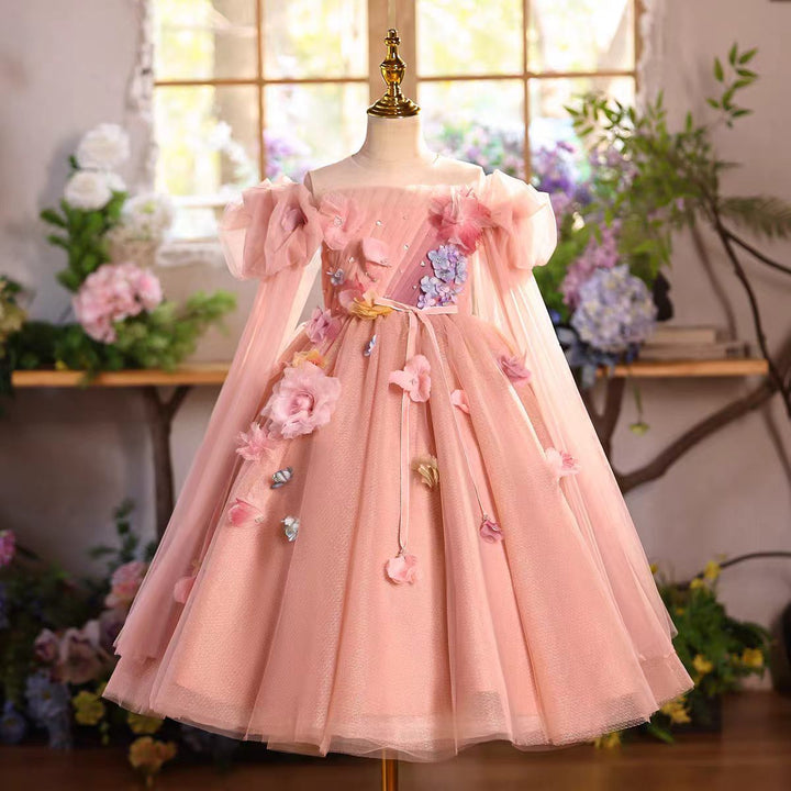 Elegant Pink Princess Flower Girl Dress with 3D Flowers Off Shoulder for Birthday Party D340