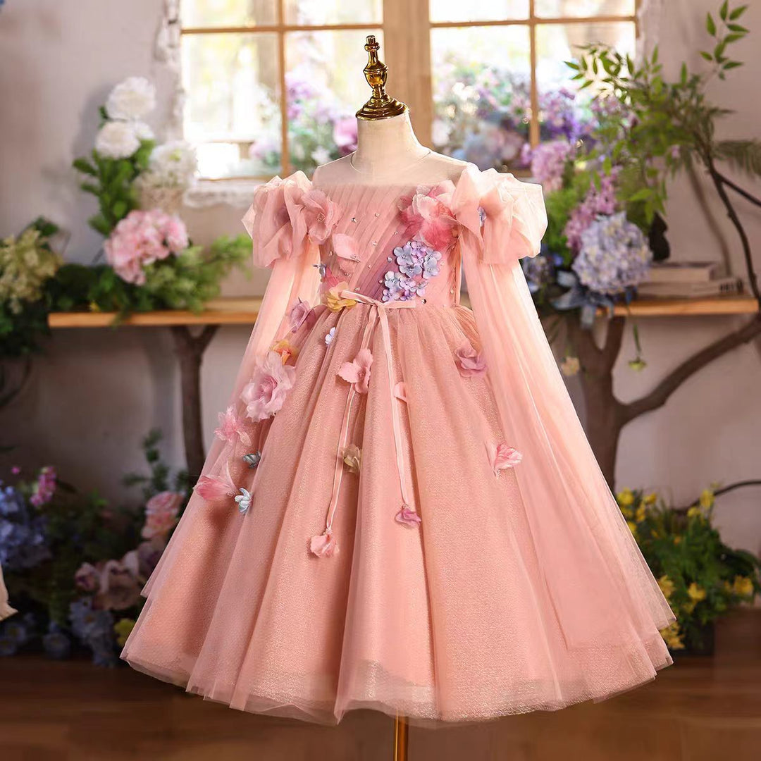 Elegant Pink Princess Flower Girl Dress with 3D Flowers Off Shoulder for Birthday Party D340