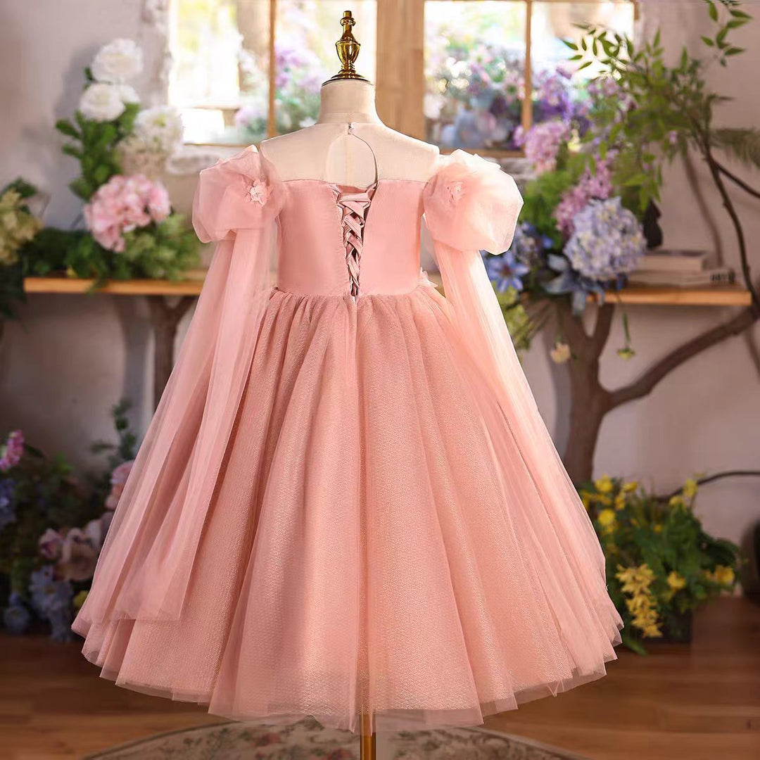 Elegant Pink Princess Flower Girl Dress with 3D Flowers Off Shoulder for Birthday Party D340