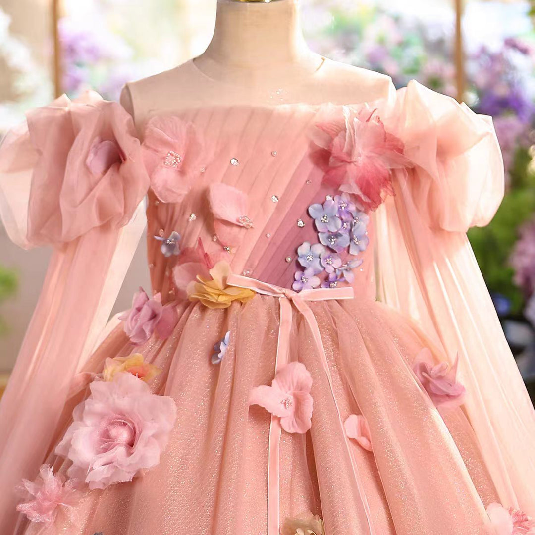 Elegant Pink Princess Flower Girl Dress with 3D Flowers Off Shoulder for Birthday Party D340