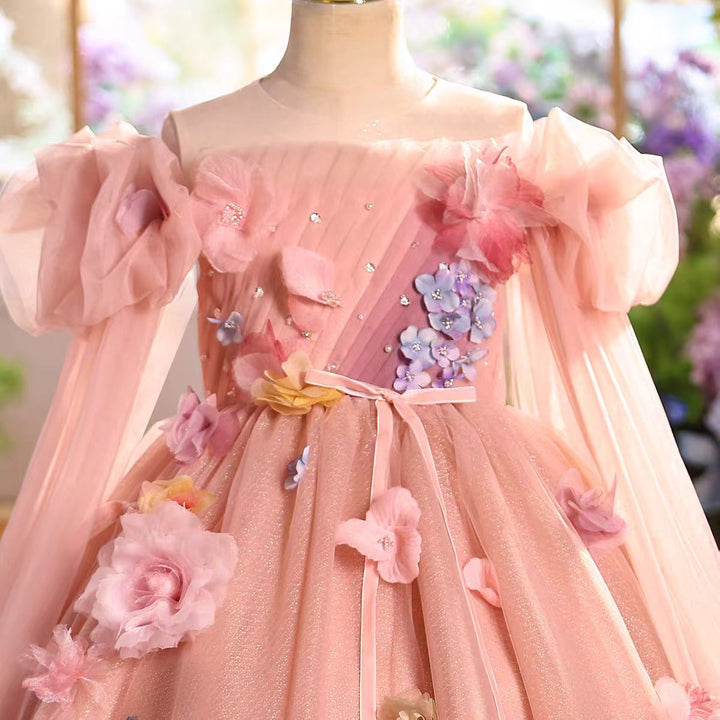 Elegant Pink Princess Flower Girl Dress with 3D Flowers Off Shoulder for Birthday Party D340