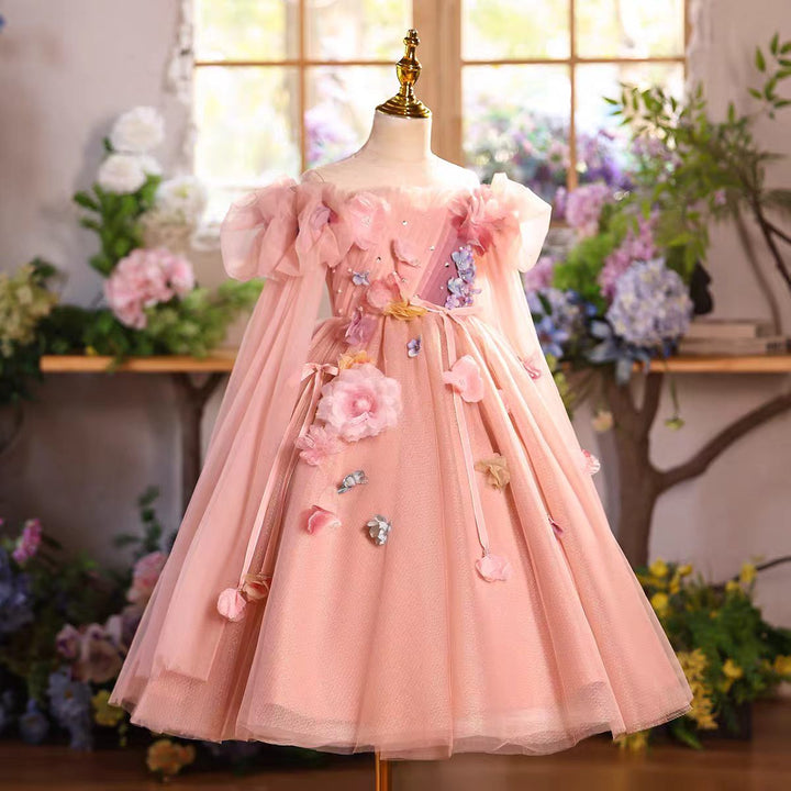 Elegant Pink Princess Flower Girl Dress with 3D Flowers Off Shoulder for Birthday Party D340