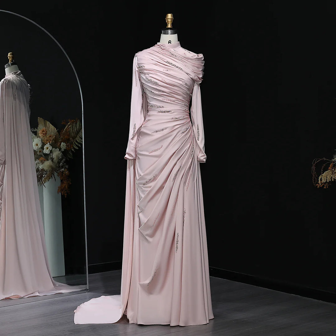 Elegant Pink Mermaid Evening Dress with Sparkling Beads and Ruffled Layers SS412