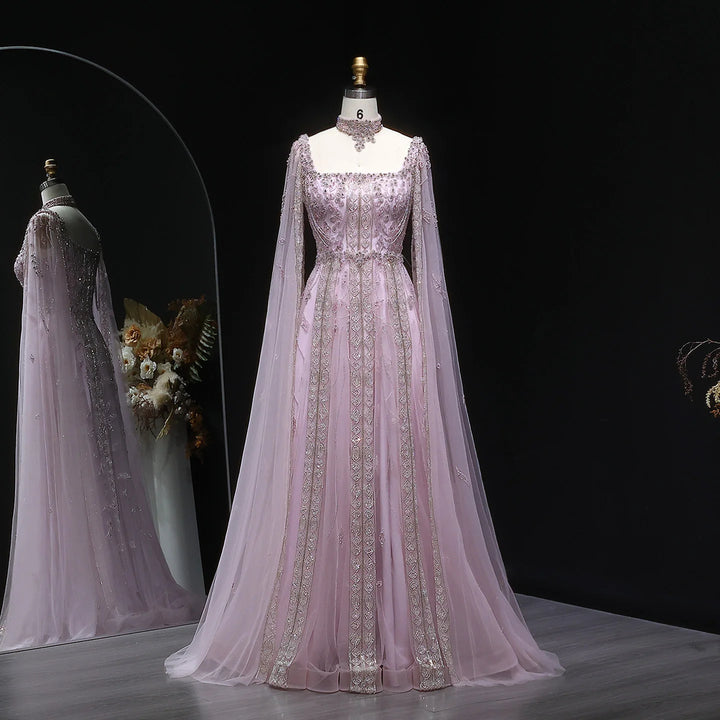 Luxury Nude Evening Dress with Cape Sleeves Chocker SS543