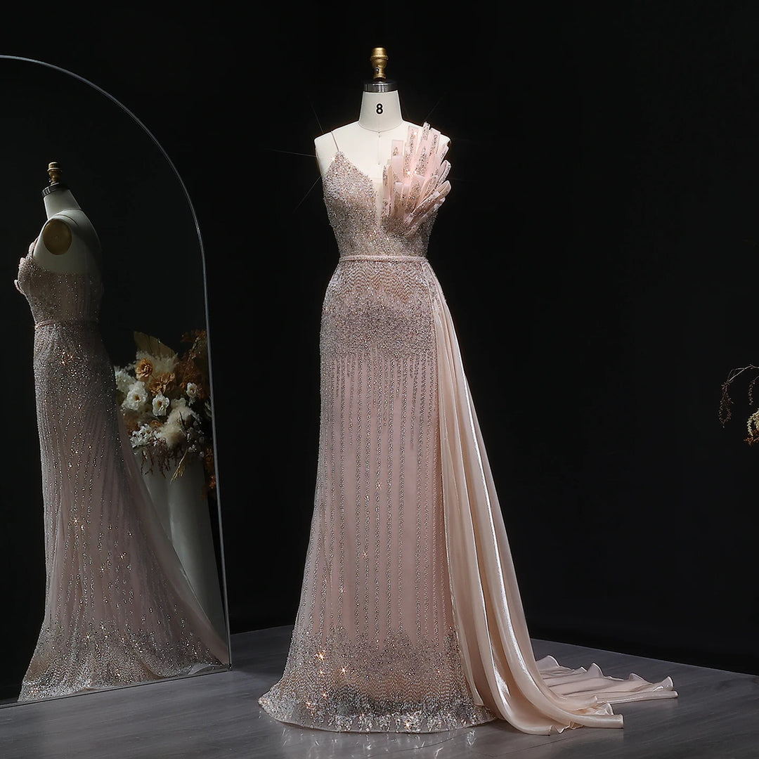 Elegant Beaded Mermaid Evening Dress with Flowing Overskirt SS094