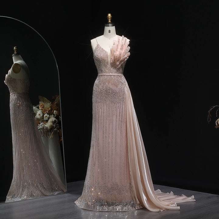 Elegant Beaded Mermaid Evening Dress with Flowing Overskirt SS094