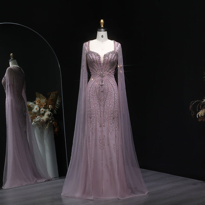 Sophisticated Evening Dress with Sheer Cape Sleeves SS024