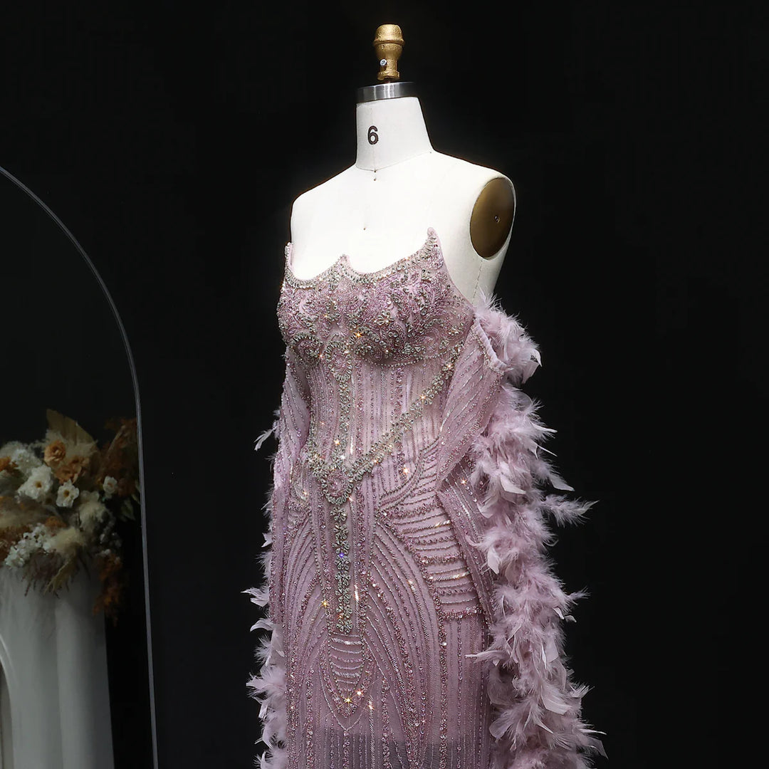 Luxury Champagne Beaded Evening Dress with Feather Shawl SS067