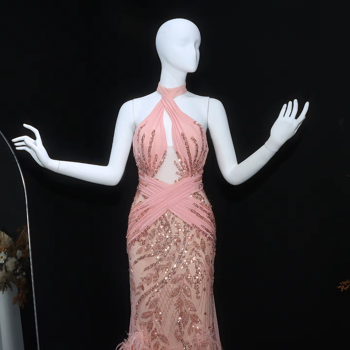 Elegant Feather Evening Dress with Sparkling Beads and Overskirt SS576