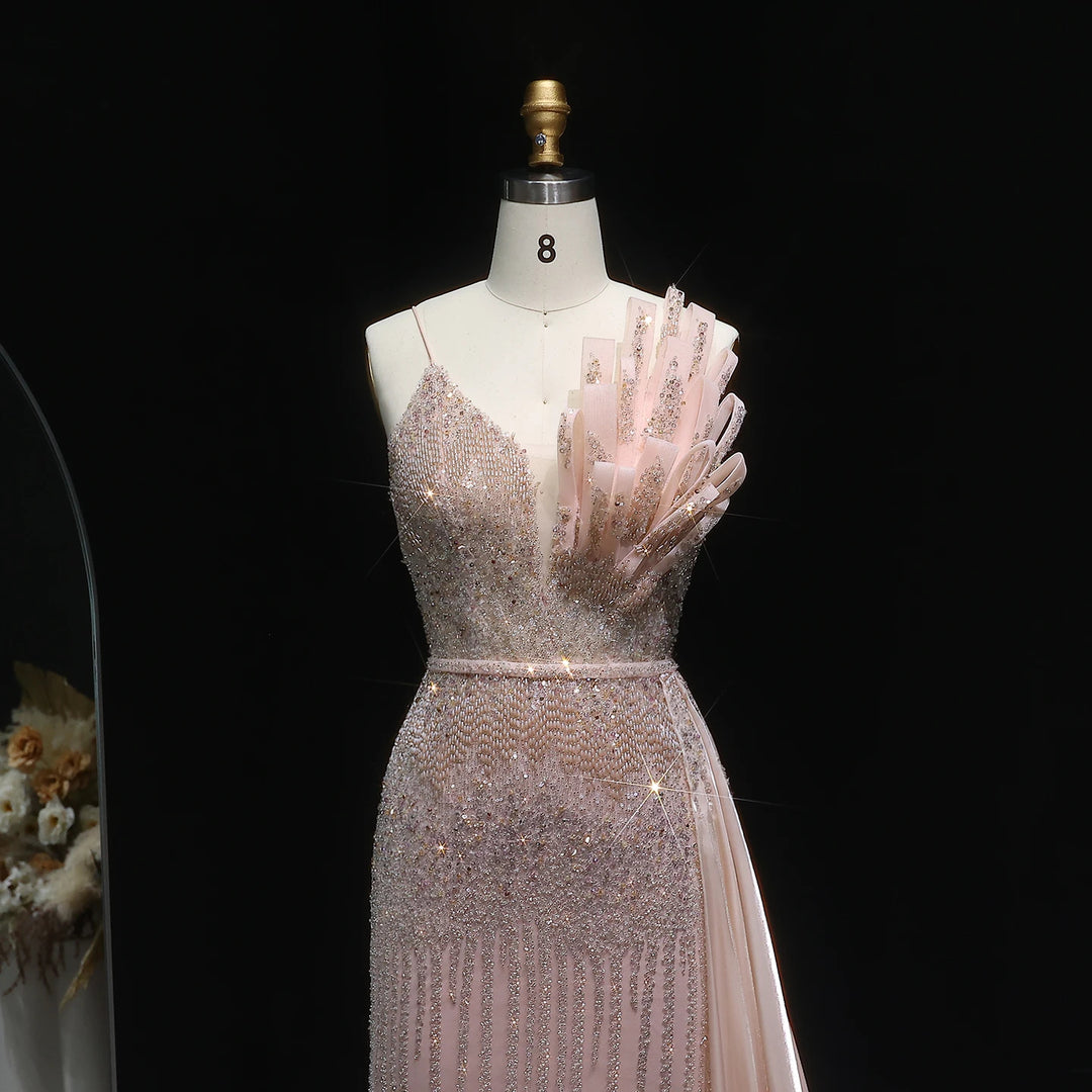 Elegant Beaded Mermaid Evening Dress with Flowing Overskirt SS094