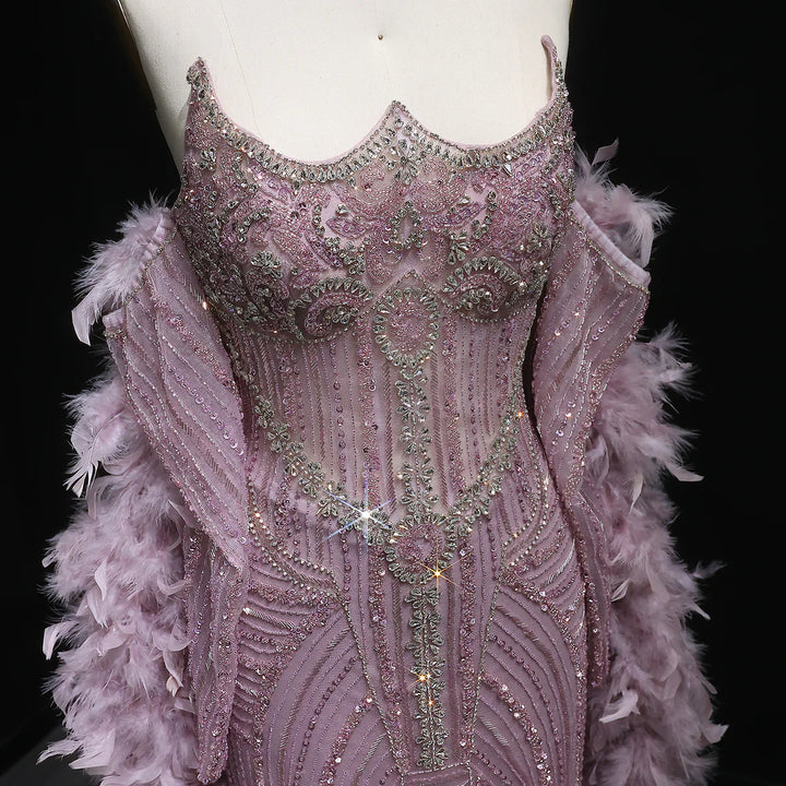 Luxury Champagne Beaded Evening Dress with Feather Shawl SS067