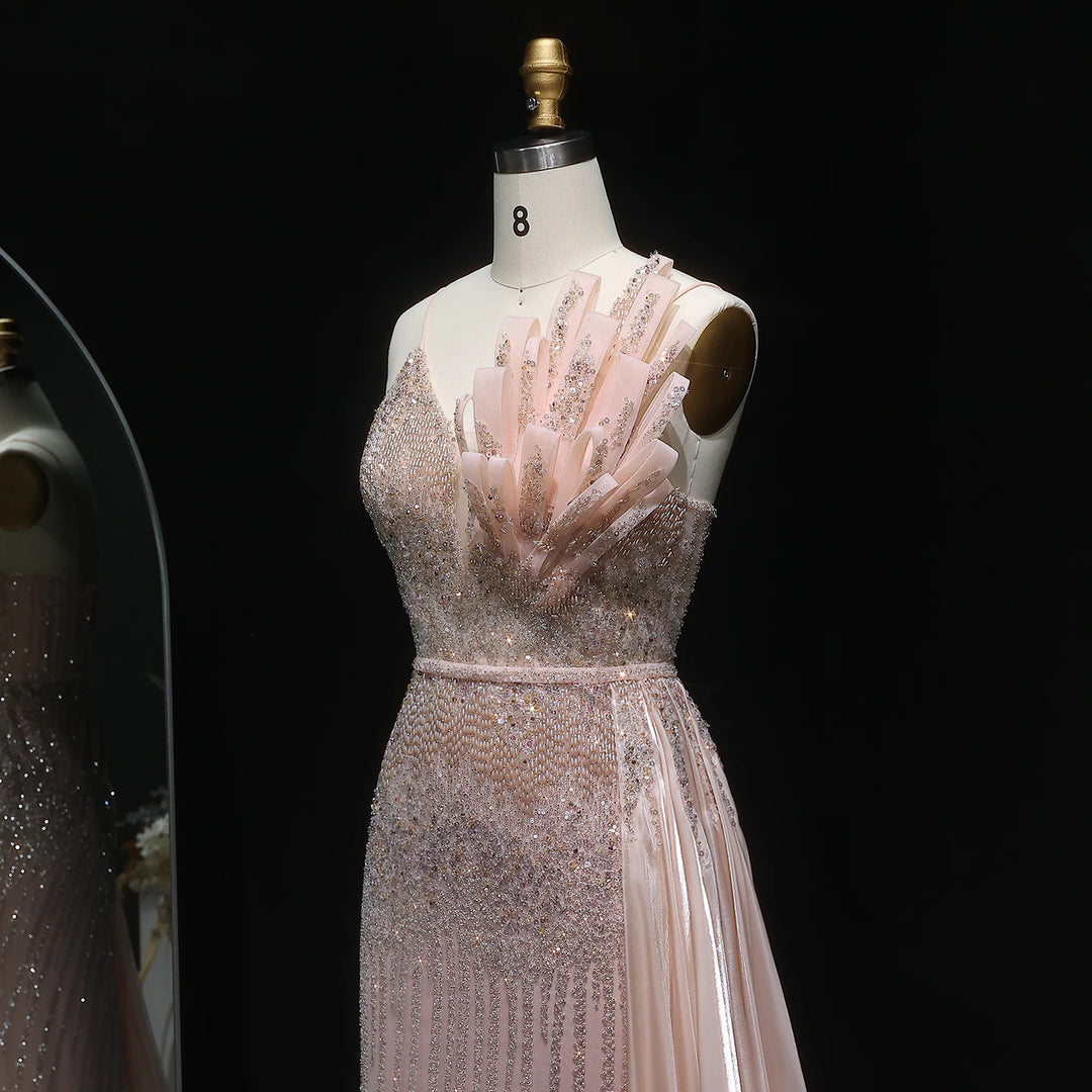 Elegant Beaded Mermaid Evening Dress with Flowing Overskirt SS094