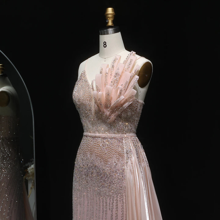 Elegant Beaded Mermaid Evening Dress with Flowing Overskirt SS094