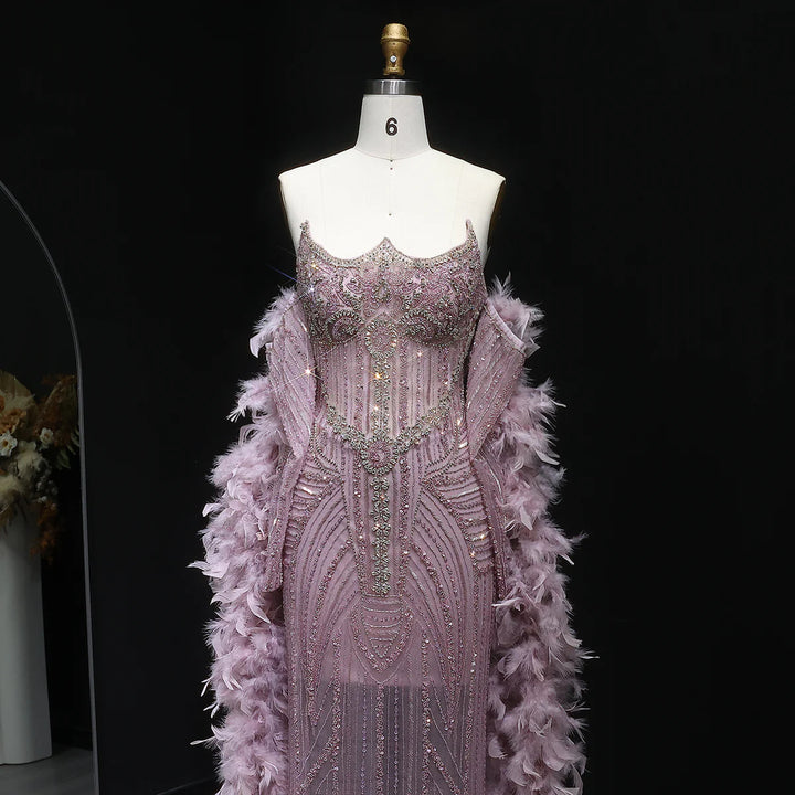 Luxury Champagne Beaded Evening Dress with Feather Shawl SS067