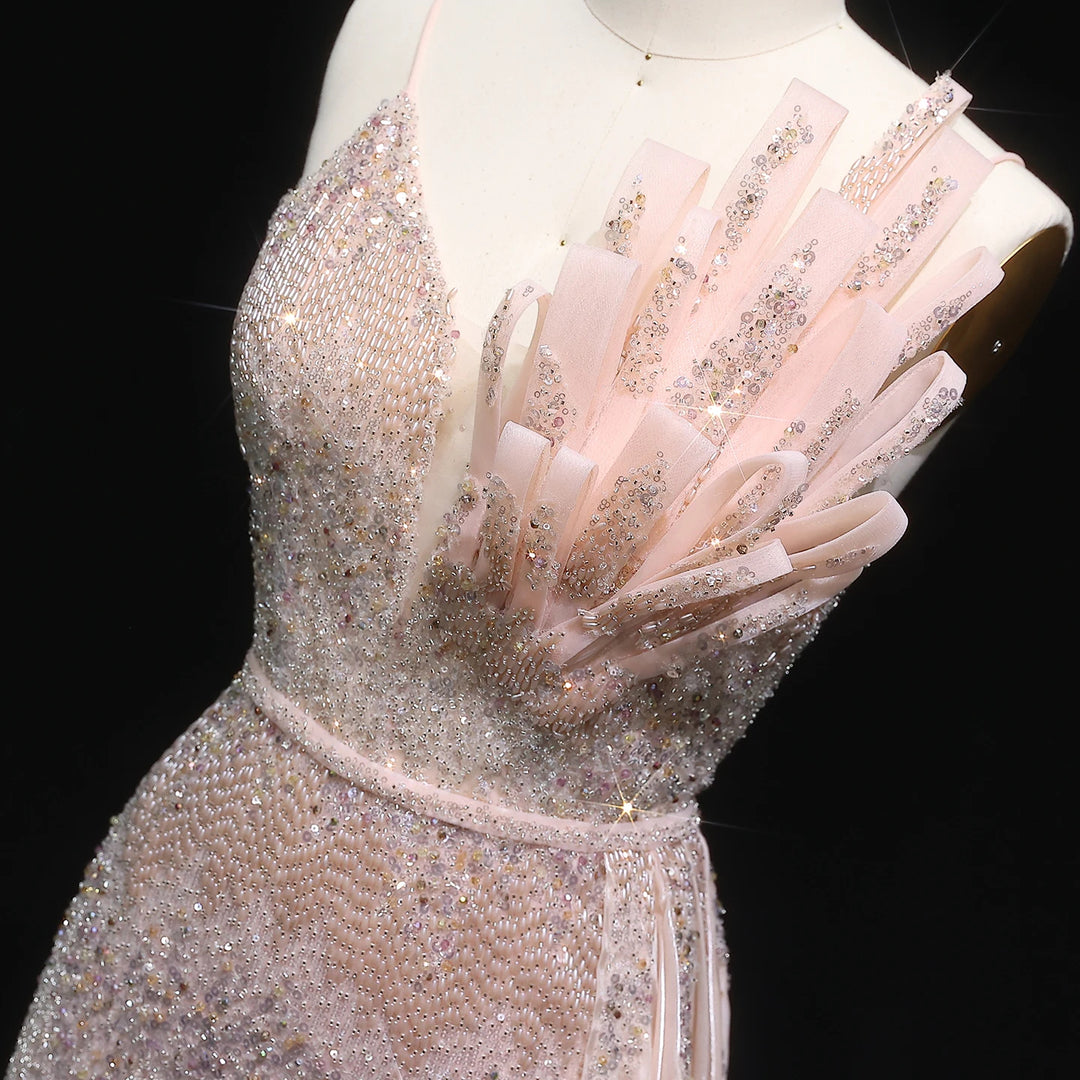 Elegant Beaded Mermaid Evening Dress with Flowing Overskirt SS094