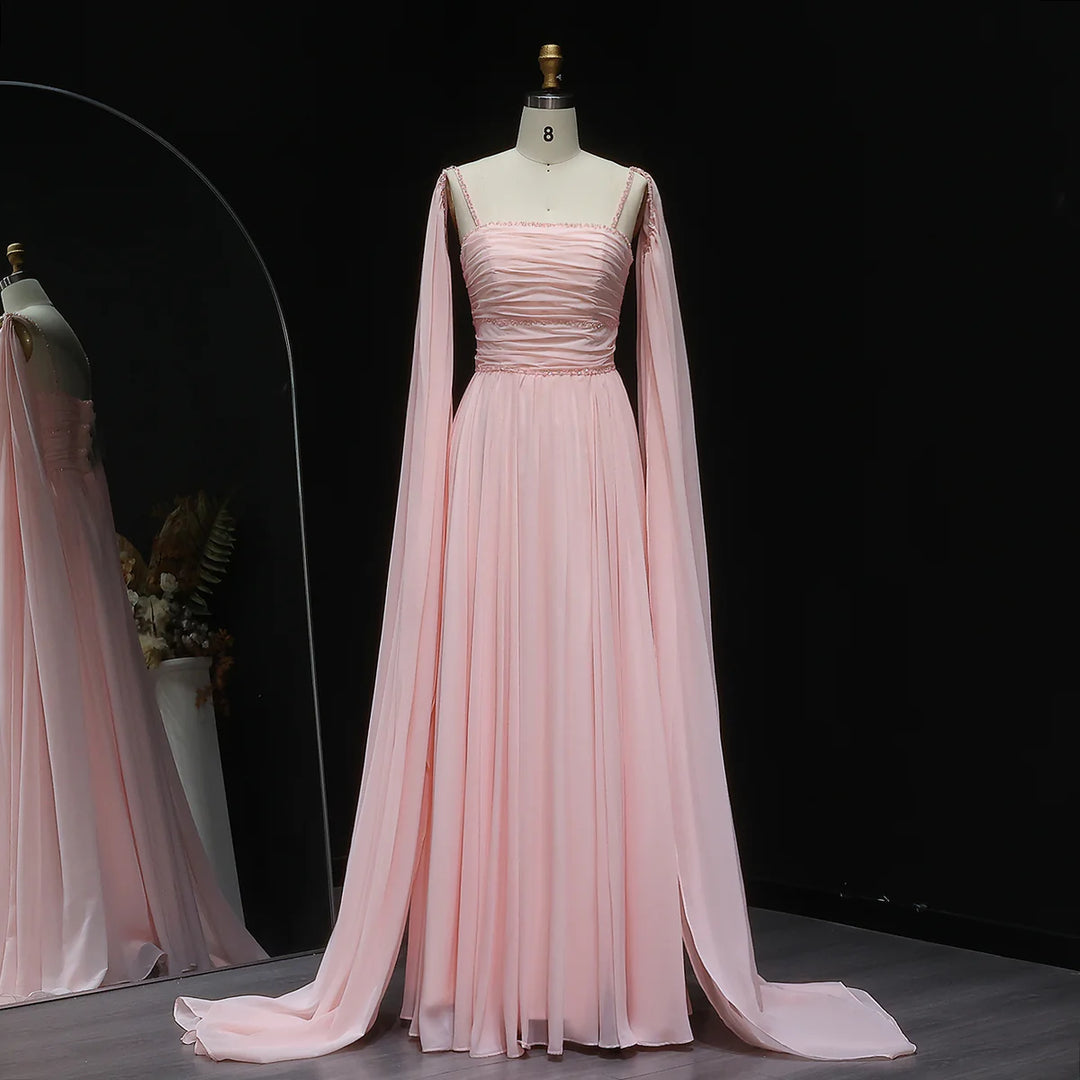 Elegant Pink Chiffon Evening Dress with Flowing Cape Sleeves SF188