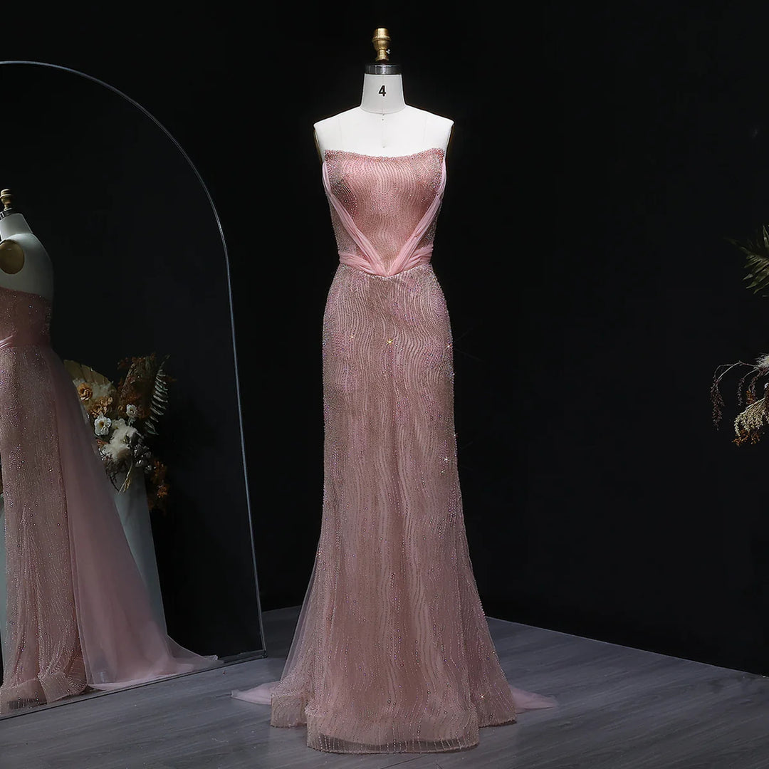 Romantic Pink Mermaid Evening Dress with Sparkling Beads and Overskirt SS023