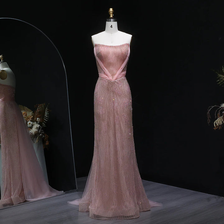 Romantic Pink Mermaid Evening Dress with Sparkling Beads and Overskirt SS023
